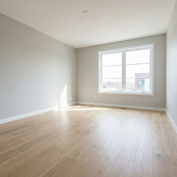 clean, newly renovated living room with fresh paint and new flooring, showing a complete restoration clean, newly renovated living room with fresh paint and new flooring, showing a complete restoration