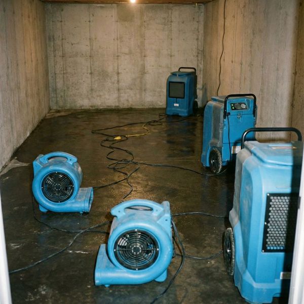 Industrial-grade blue air movers and dehumidifiers placed on a wet concrete floor in a large, drying room Industrial-grade blue air movers and dehumidifiers placed on a wet concrete floor in a large, drying room
