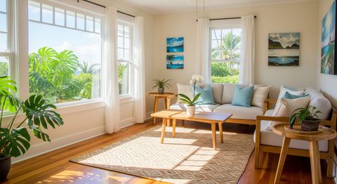 A clean and restored living room in a Hawaiian home, with the sun shining through the window, signifying recovery after water damage.