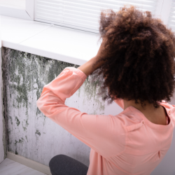 A stressed women looking at a moldy wall