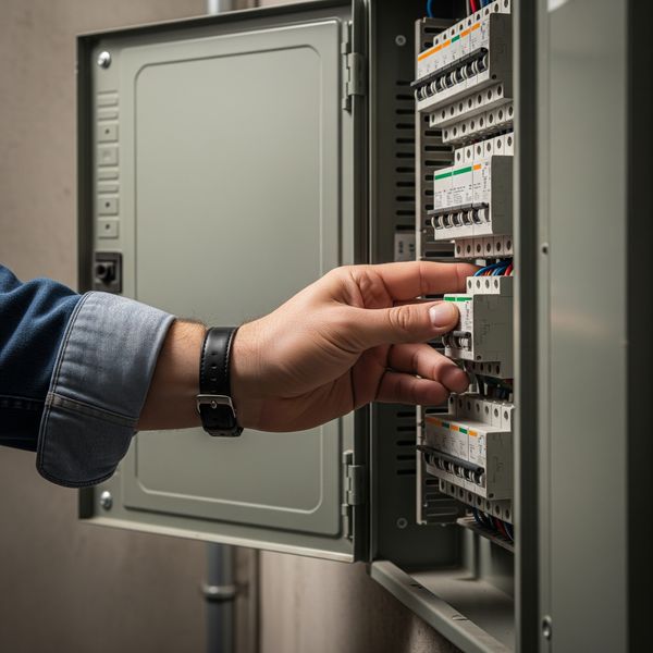 A person's hand safely turning off a circuit breaker in a home's electrical panel.