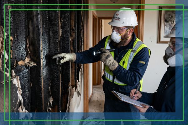 Safety contractors inspecting a fire damaged interior wall.