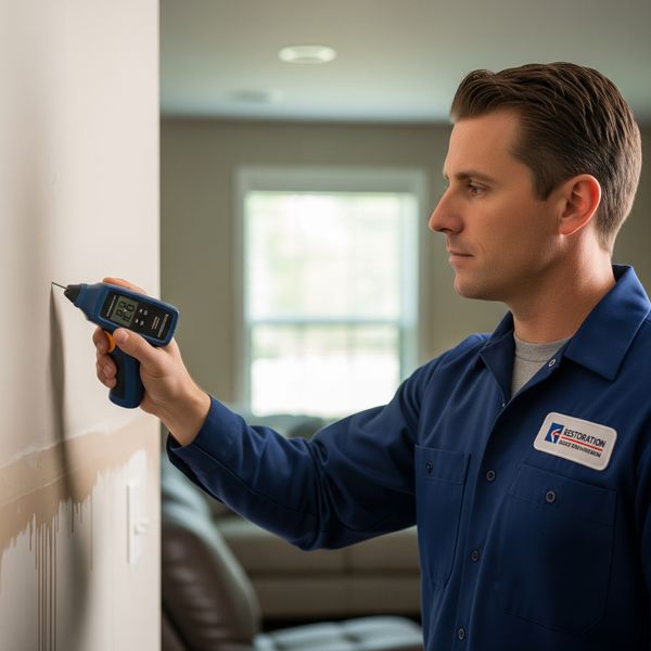 A restoration professional in uniform using a moisture meter on a wall inside a home.