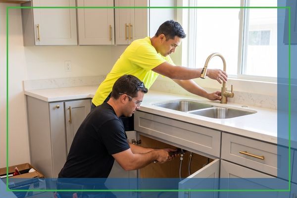 Specialized plumbers in plain black and high-visibility yellow uniforms installing water lines and a faucet on a new double-bowl sink in a transitional style kitchen in Honolulu.