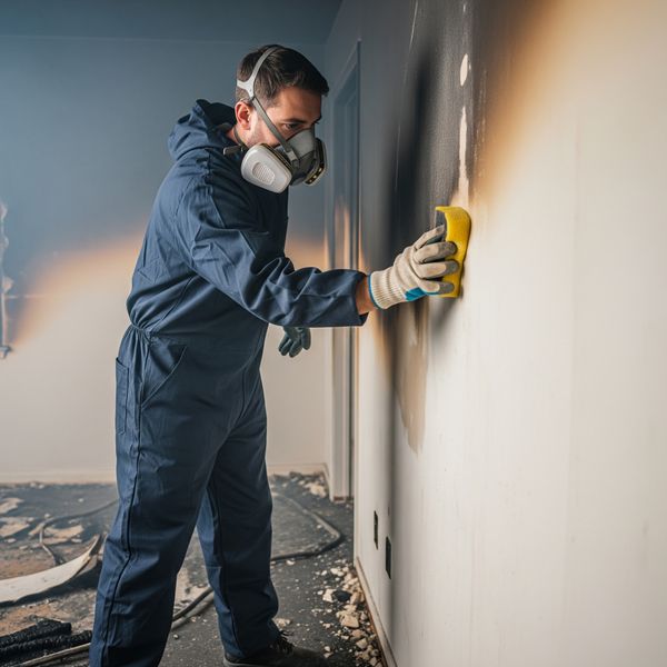 A restoration professional in safety gear meticulously cleaning soot and smoke damage from a wall, showcasing the detailed fire damage restoration process.