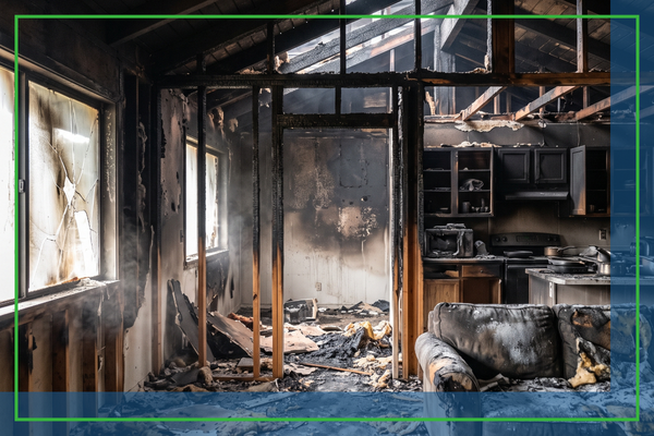 A home interior damaged by fire.