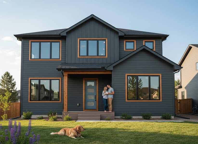 Modern Dark Gray House with Couple and Golden Retriever