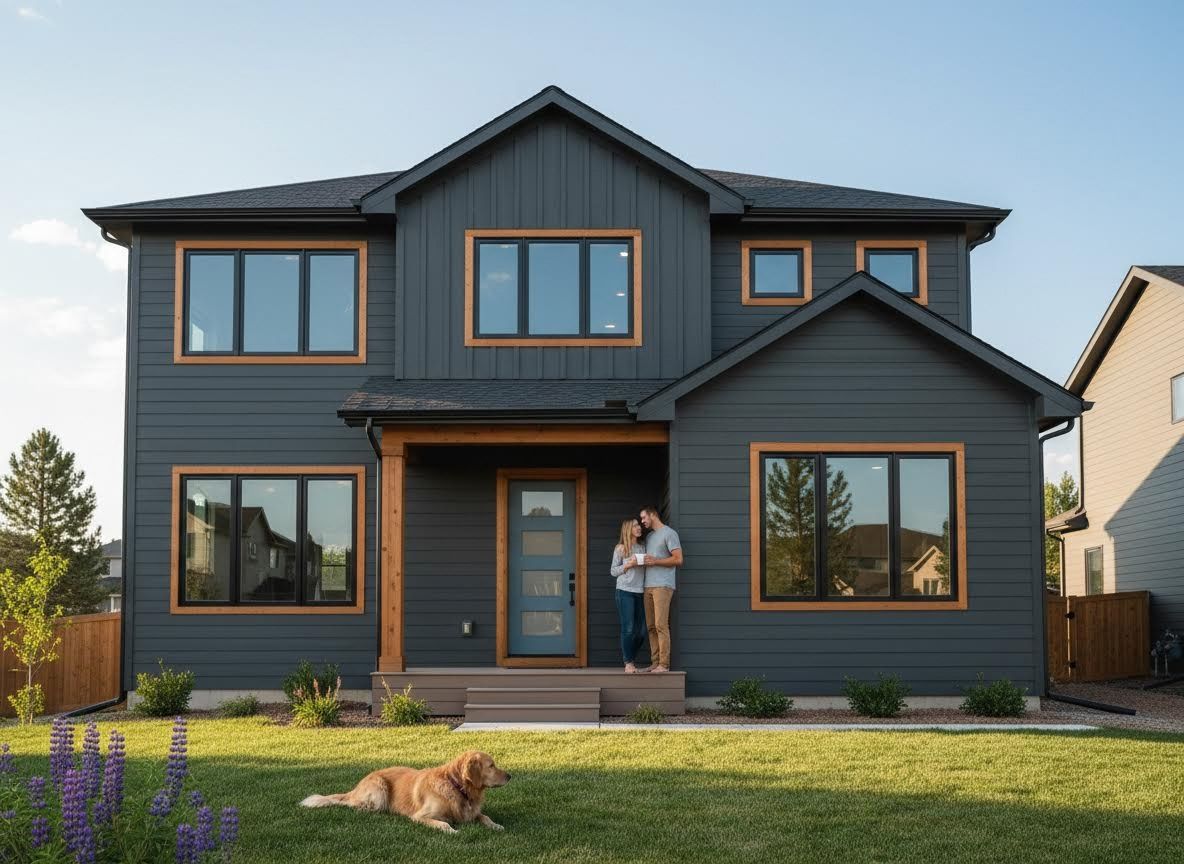 Modern Dark Gray House with Couple and Golden Retriever