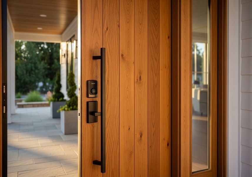 A modern wooden front door with premium hardware on a luxury Colorado home.
