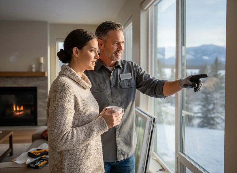 Couple admiring winter view through new windows