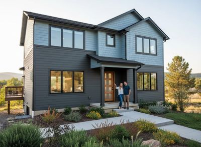 A smiling couple stands on the porch of a modern two-story house with dark gray and light blue siding, surrounded by natural landscaping. Modern Gray and Blue Siding House with Happy Couple
