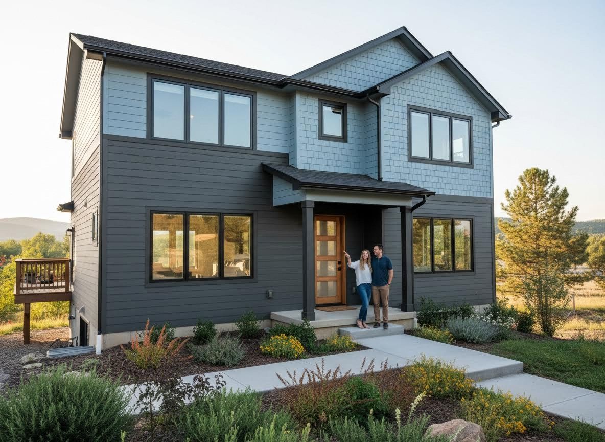 Modern Gray and Blue Siding House with Happy Couple