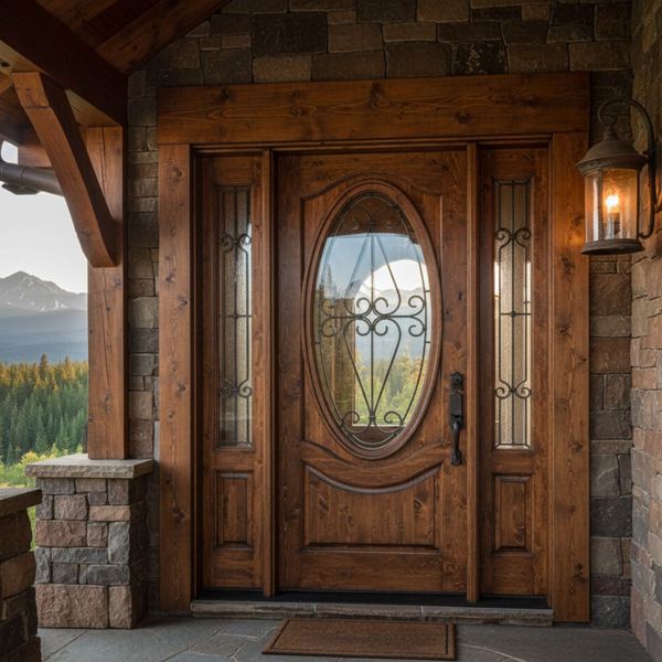 A rustic wooden entry door with an oval glass insert and decorative ironwork, set in a stone mountain-style home entrance with a view of pine trees and mountains. A rustic wooden entry door with an oval glass insert and decorative ironwork, set in a stone mountain-style home entrance with a view of pine trees and mountains.