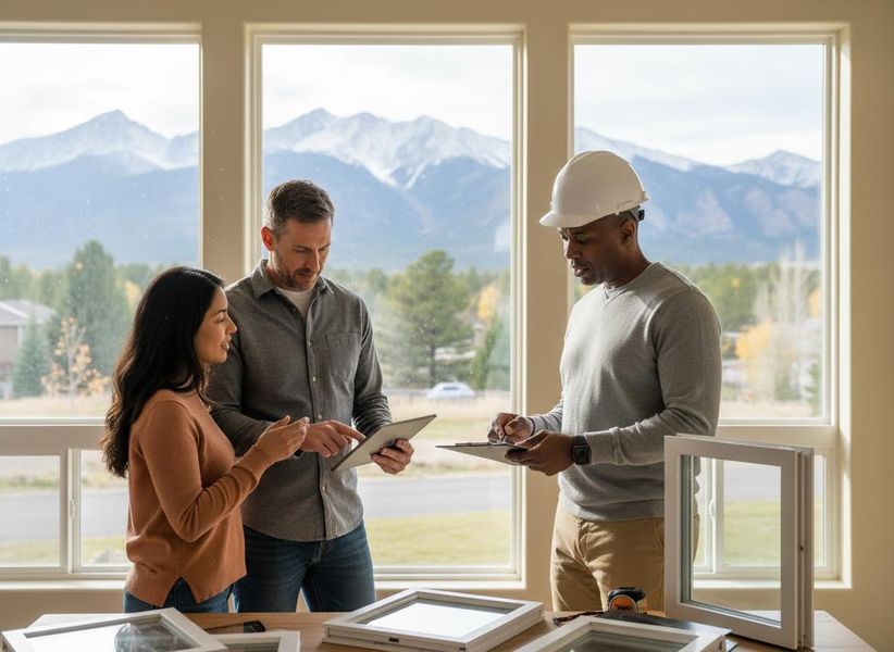 Homeowners discuss new window installation with a contractor