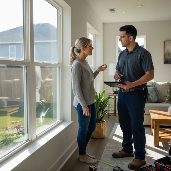 homeowner talking to a window technician
