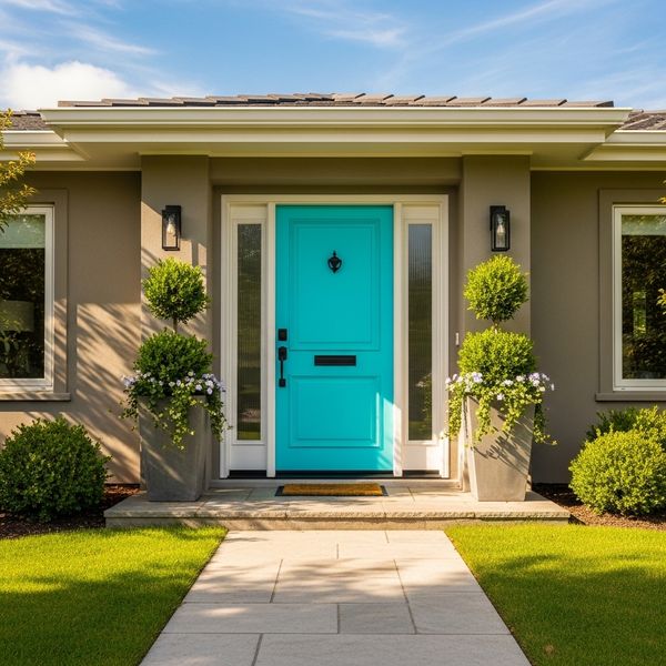 A bright and attractive home entryway featuring a new door with high curb appeal.