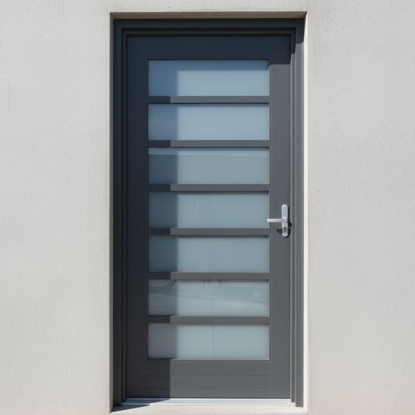 Contemporary gray entry door featuring multiple horizontal frosted glass lites, set in a minimalist white wall. Contemporary gray entry door featuring multiple horizontal frosted glass lites, set in a minimalist white wall.