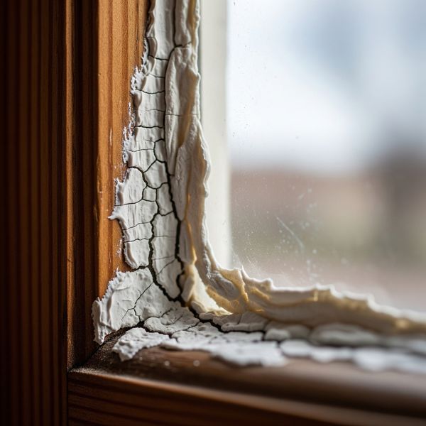 photo of cracked white window caulk along the edge of a wood frame