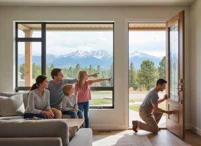 Family admiring mountain views from their home