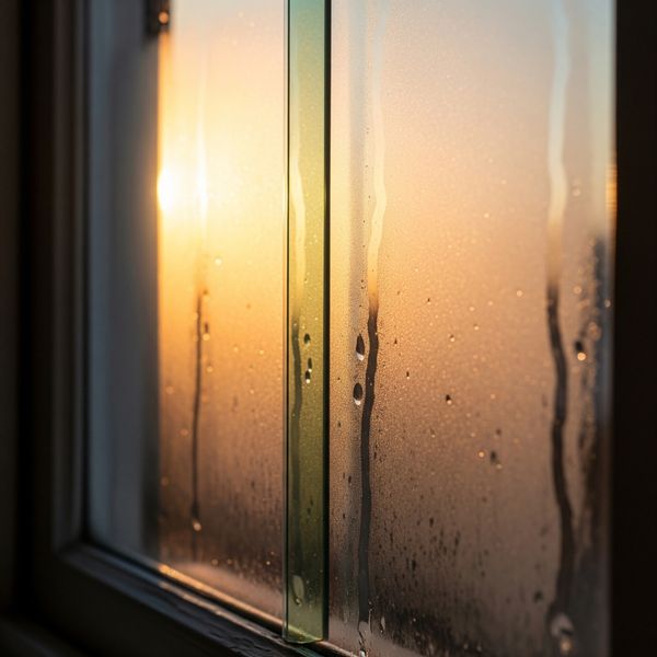 window with visible moisture trapped between double-pane glass, warm light from outside highlighting the fogginess