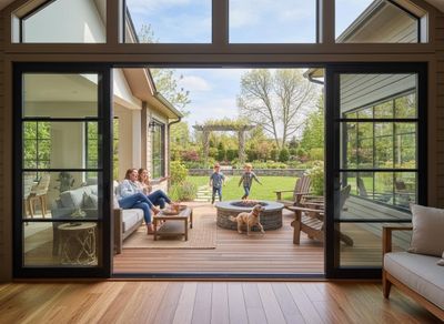 Family enjoying their backyard from a modern home with large sliding glass doors