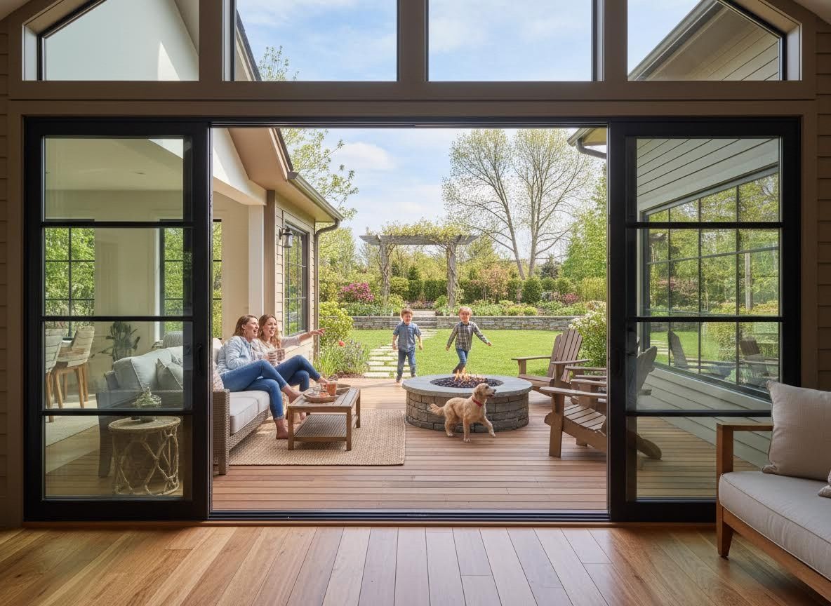 Family enjoying their backyard from a modern home with large sliding glass doors