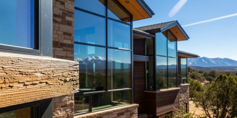 A sunny Colorado home exterior with large windows, slight heat shimmer in the air, and subtle close-up focus on a wood window frame edge