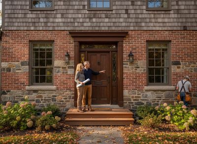 Couple reviewing blueprints on the porch of a stone and brick house with a worker