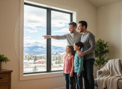 Family gazing at snowy mountain view through a large window