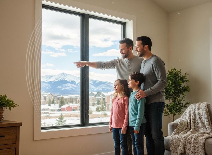 Family gazing at snowy mountain view through a large window