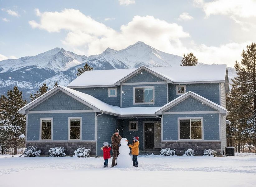 Family Building Snowman in Front of Snowy Mountain Home