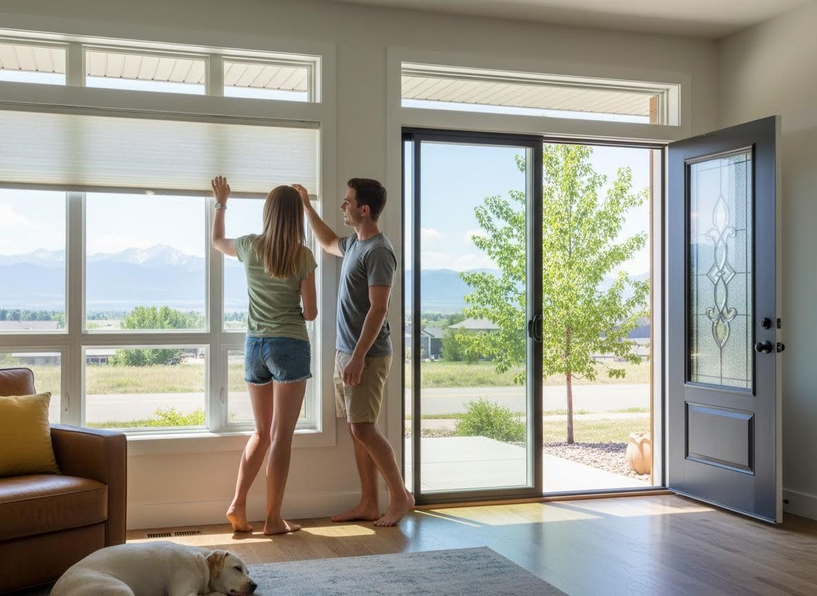 Couple adjusting blinds in a bright home with scenic mountain views