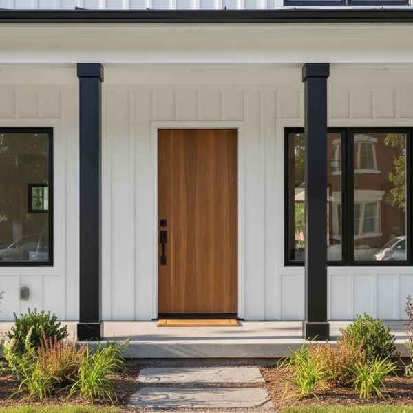 A modern bungalow in Old Town Fort Collins with white board and batten siding, featuring a sleek, light wood-colored slab entry door flanked by black-framed windows and dark pillars. A modern bungalow in Old Town Fort Collins with white board and batten siding, featuring a sleek, light wood-colored slab entry door flanked by black-framed windows and dark pillars.