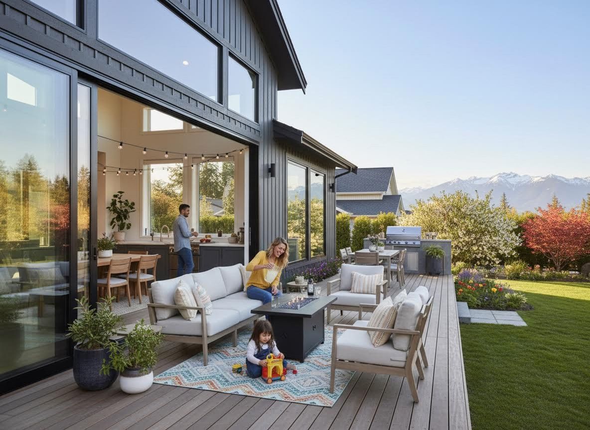 Family enjoying a modern outdoor living space with mountain views