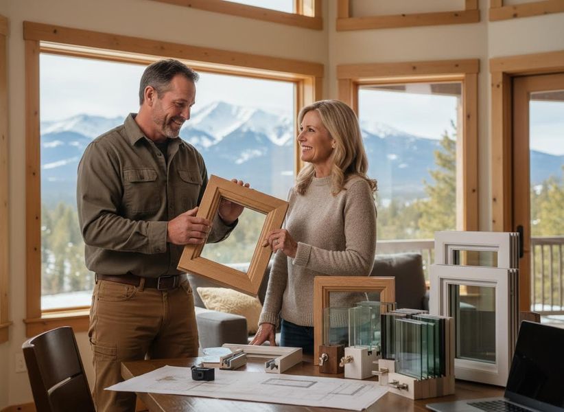 Smiling couple examines a wooden window frame, with various glass and frame samples on a table, overlooking a scenic mountain view. Couple reviewing window frames and samples for home improvement