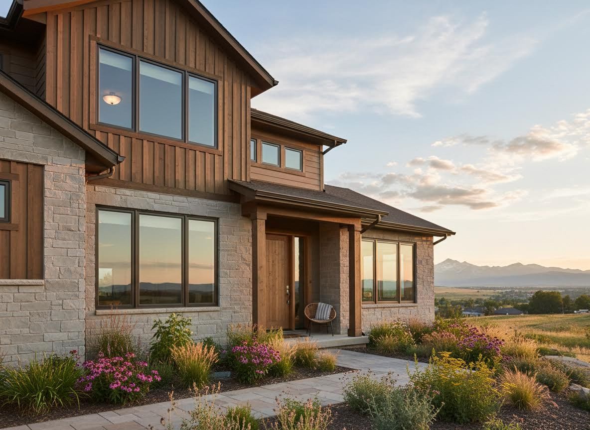 Modern House Exterior with Mountain View at Sunset