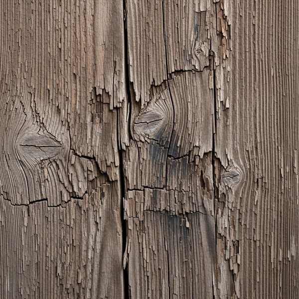 Close-up of a weathered and cracked wooden door showing structural damage.