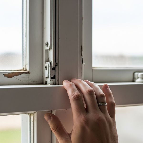 a homeowner’s hand struggling to slide open a double-hung window