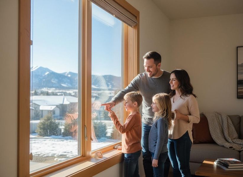 Happy family looking out large window at snowy mountains