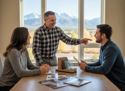 Three people at a table, including a consultant, discuss window samples for home improvement with a scenic mountain view outside. Homeowners discussing window options with consultant