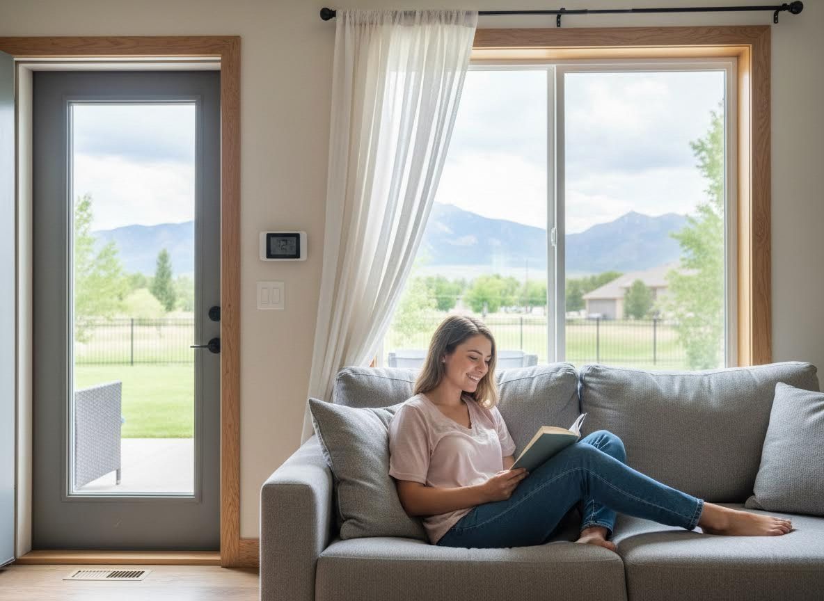 Woman Reading on Sofa with Mountain View