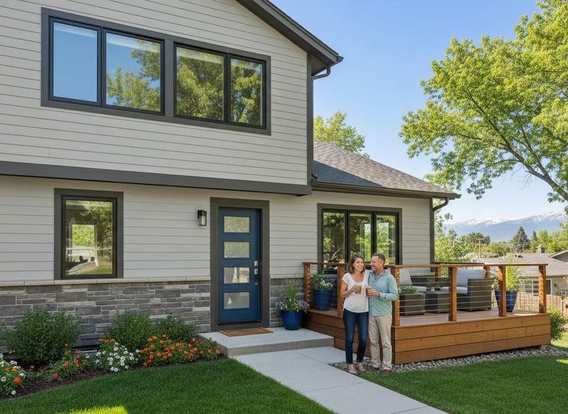 Happy couple in front of their modern home with a wooden deck and mountain views