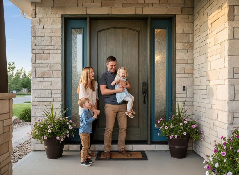 A smiling family of four, including parents and two young children, standing on the porch of a modern stone house. Happy Family Standing in Front of Their New Home