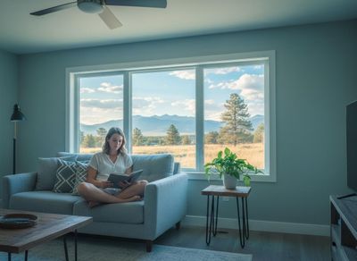 Woman Reading Book in Living Room with Mountain View