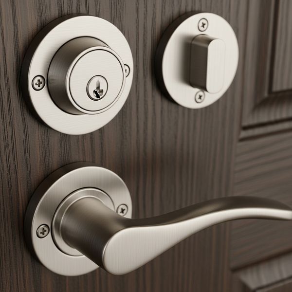 High-quality brushed nickel door handle and deadbolt hardware.