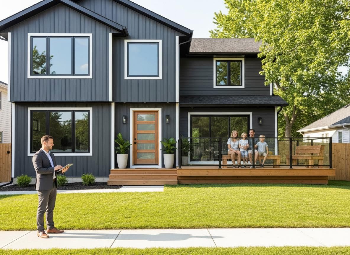 Modern Gray House with Family and Real Estate Agent