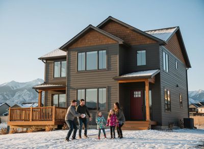 Family Playing in Snow in Front of Modern House with Mountain View