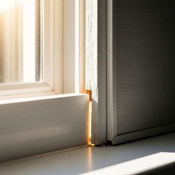 Close-up photo of a home window frame corner with a small visible gap between the frame and siding