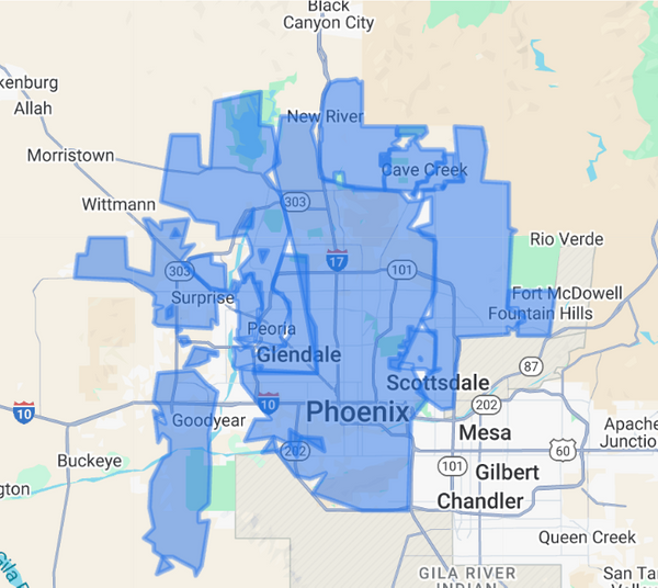 Service area covering Phoenix, AZ, and surrounding neighborhoods