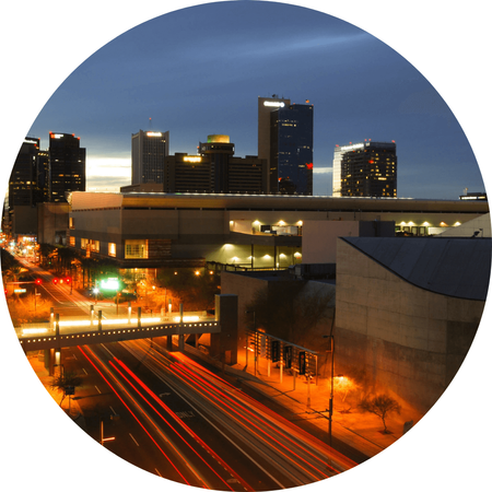 Nighttime view of downtown Phoenix with city lights